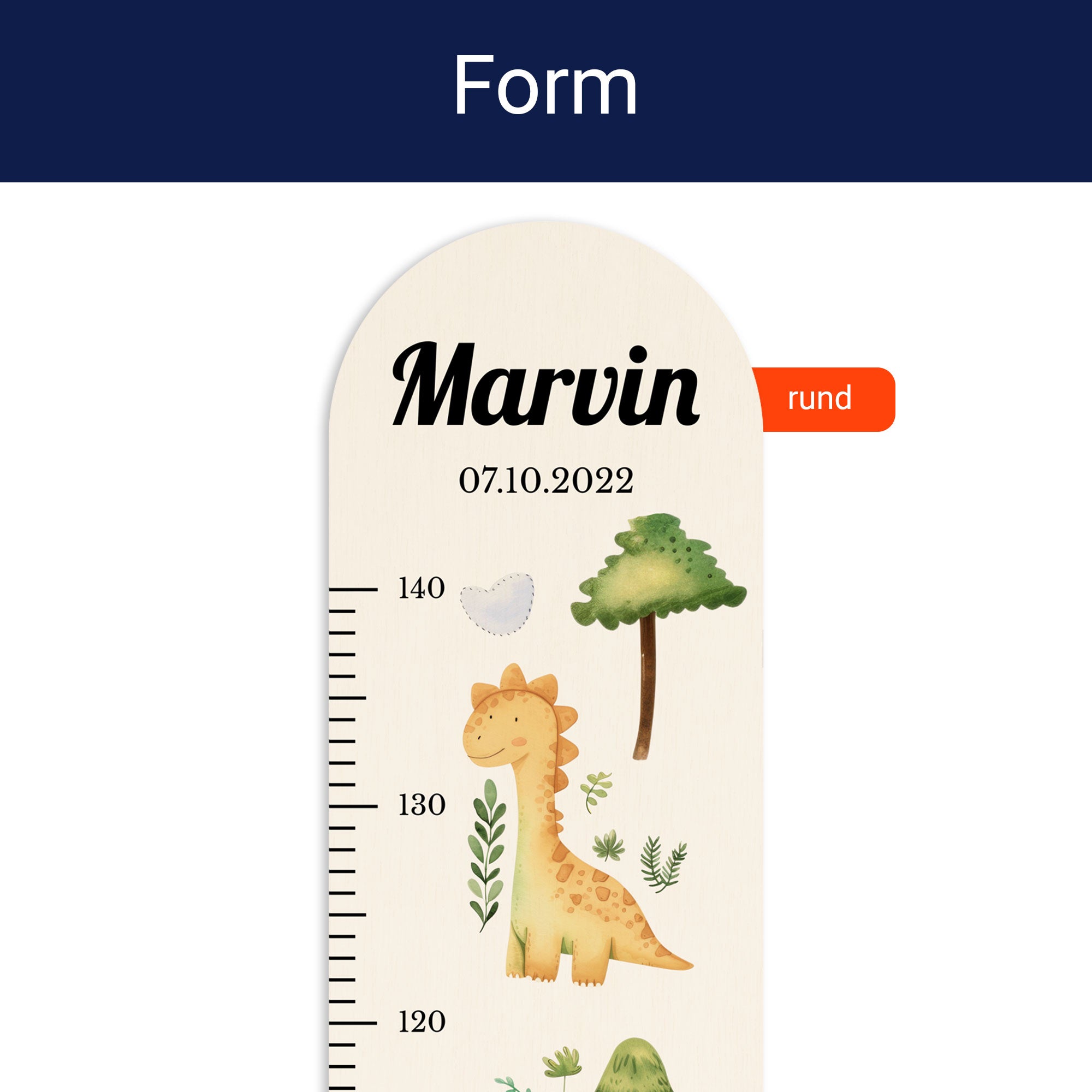 Detailansicht der oben runden Form der personalisierten Messlatte.
