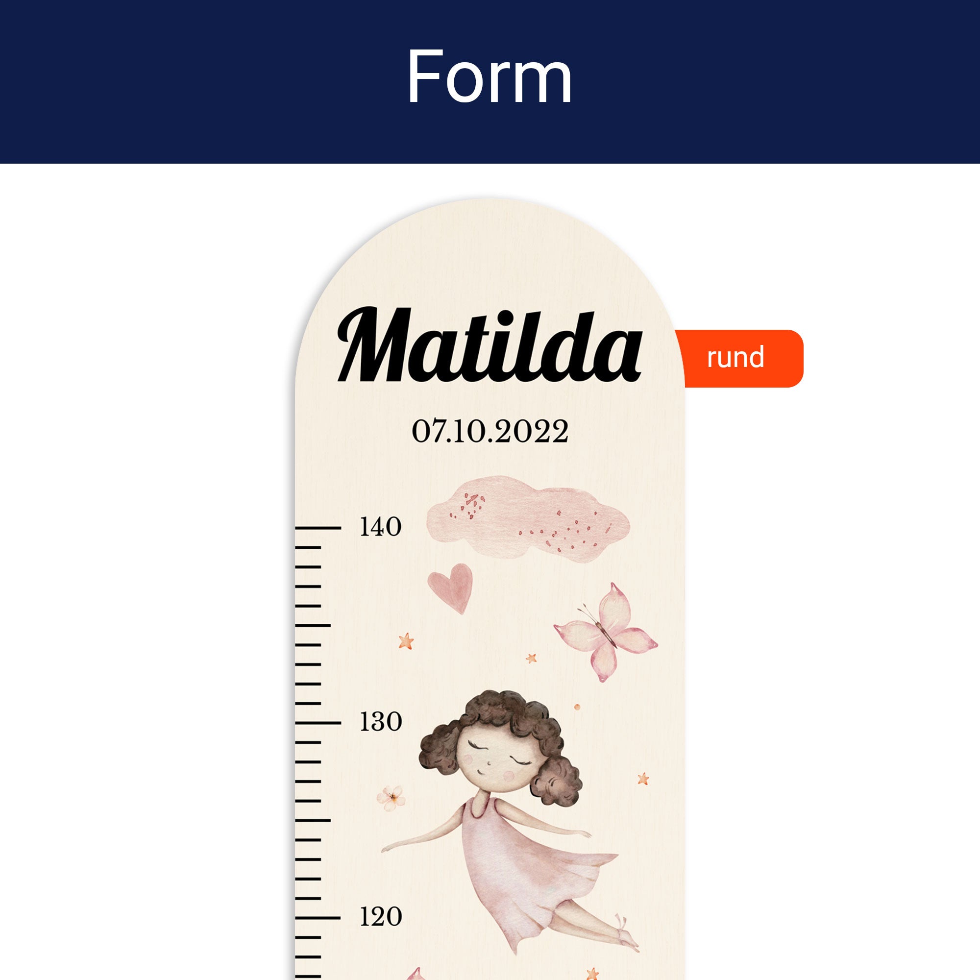 Detailansicht der oben runden Form der personalisierten Messlatte.