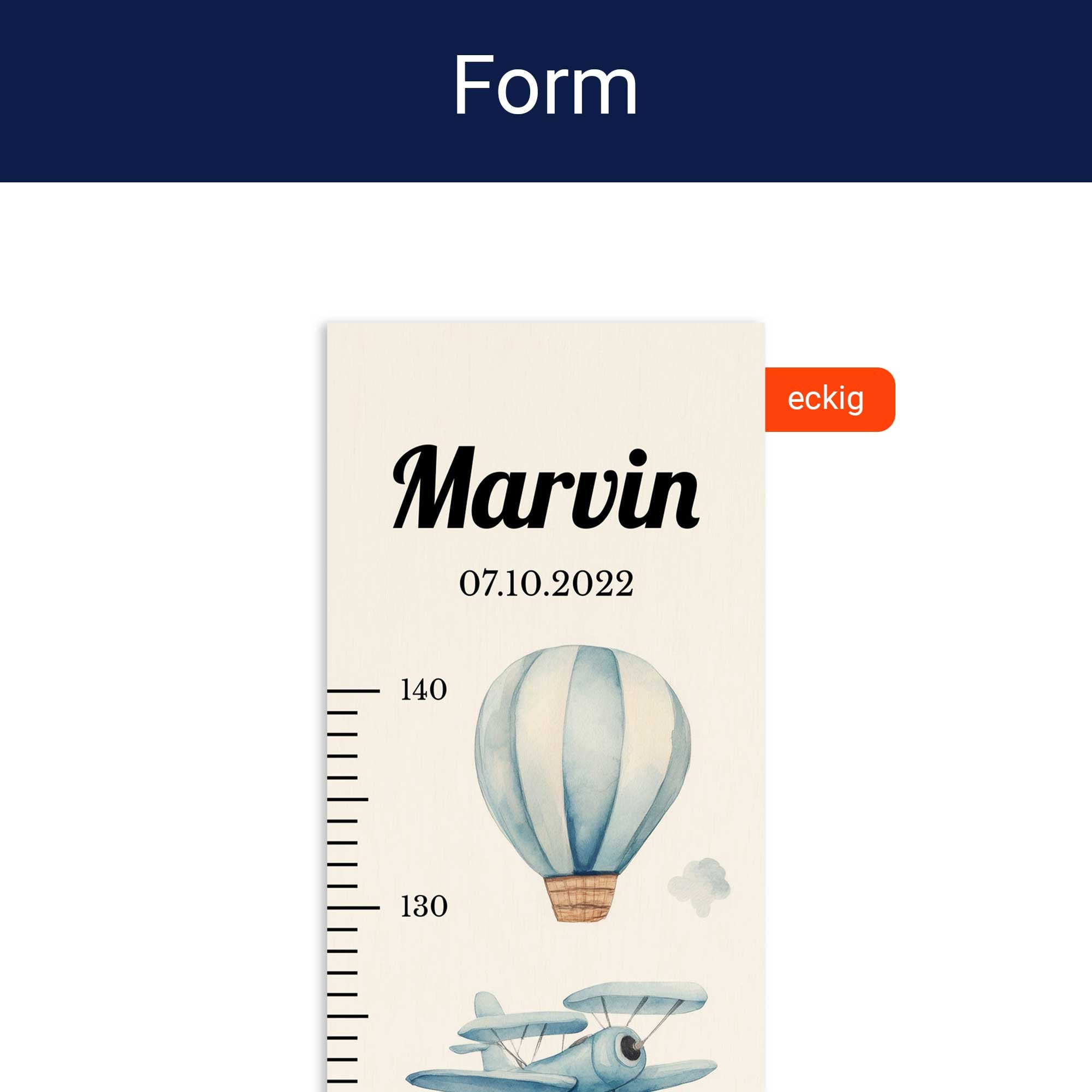 Detailansicht der eckigen Form der personalisierten Messlatte.