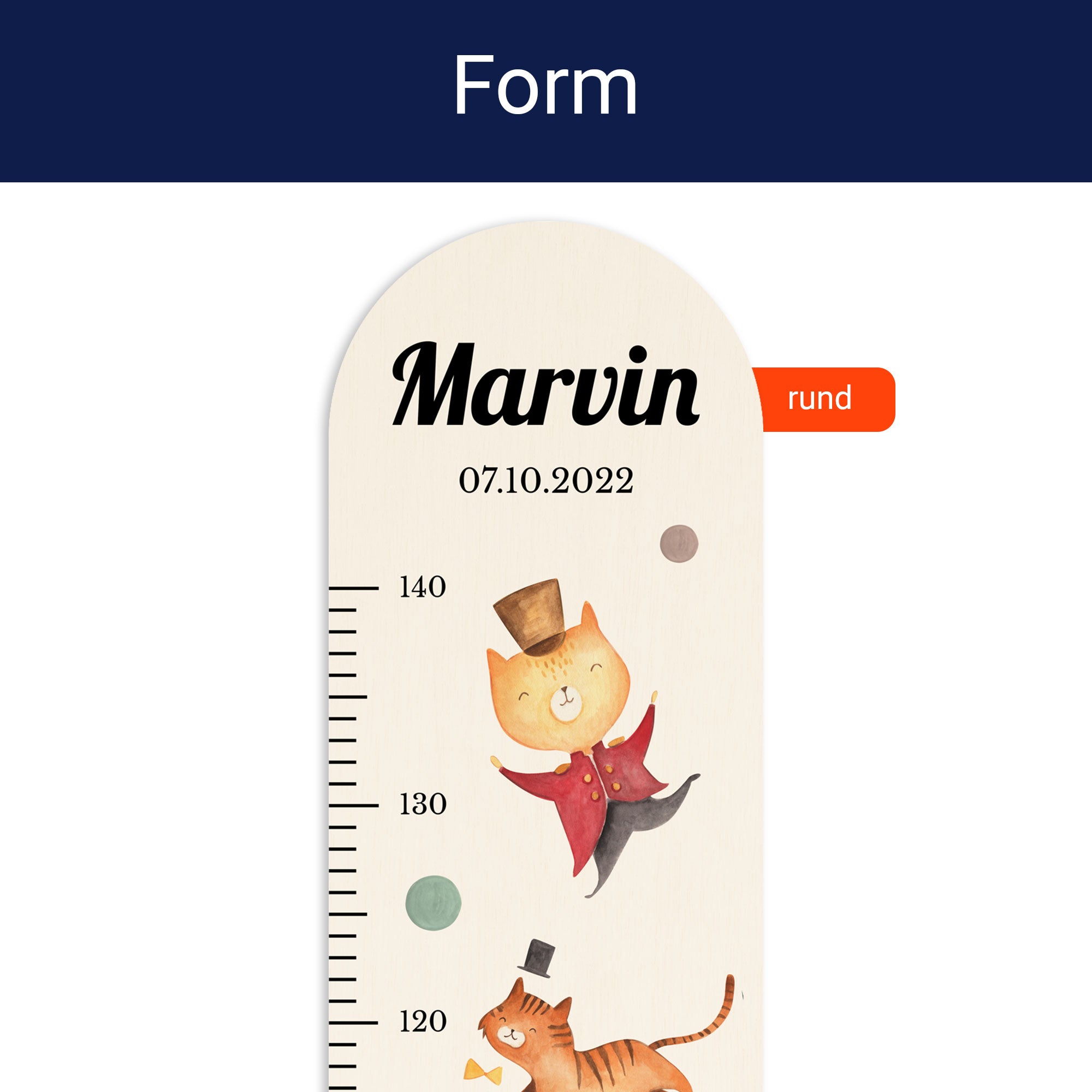 Detailansicht der oben runden Form der personalisierten Messlatte.