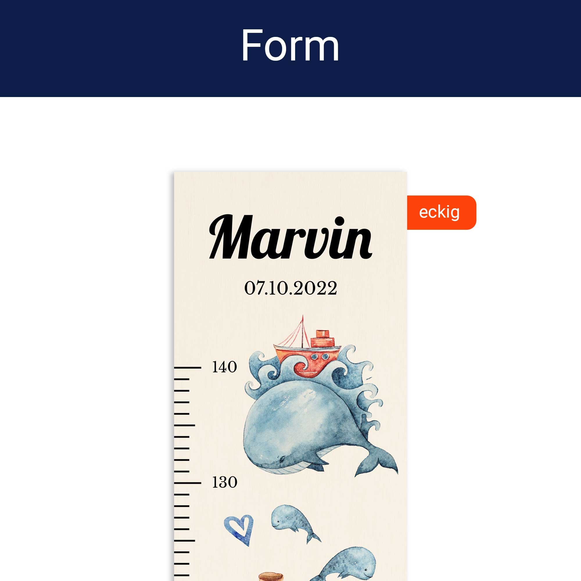 Detailansicht der eckigen Form der personalisierten Messlatte.