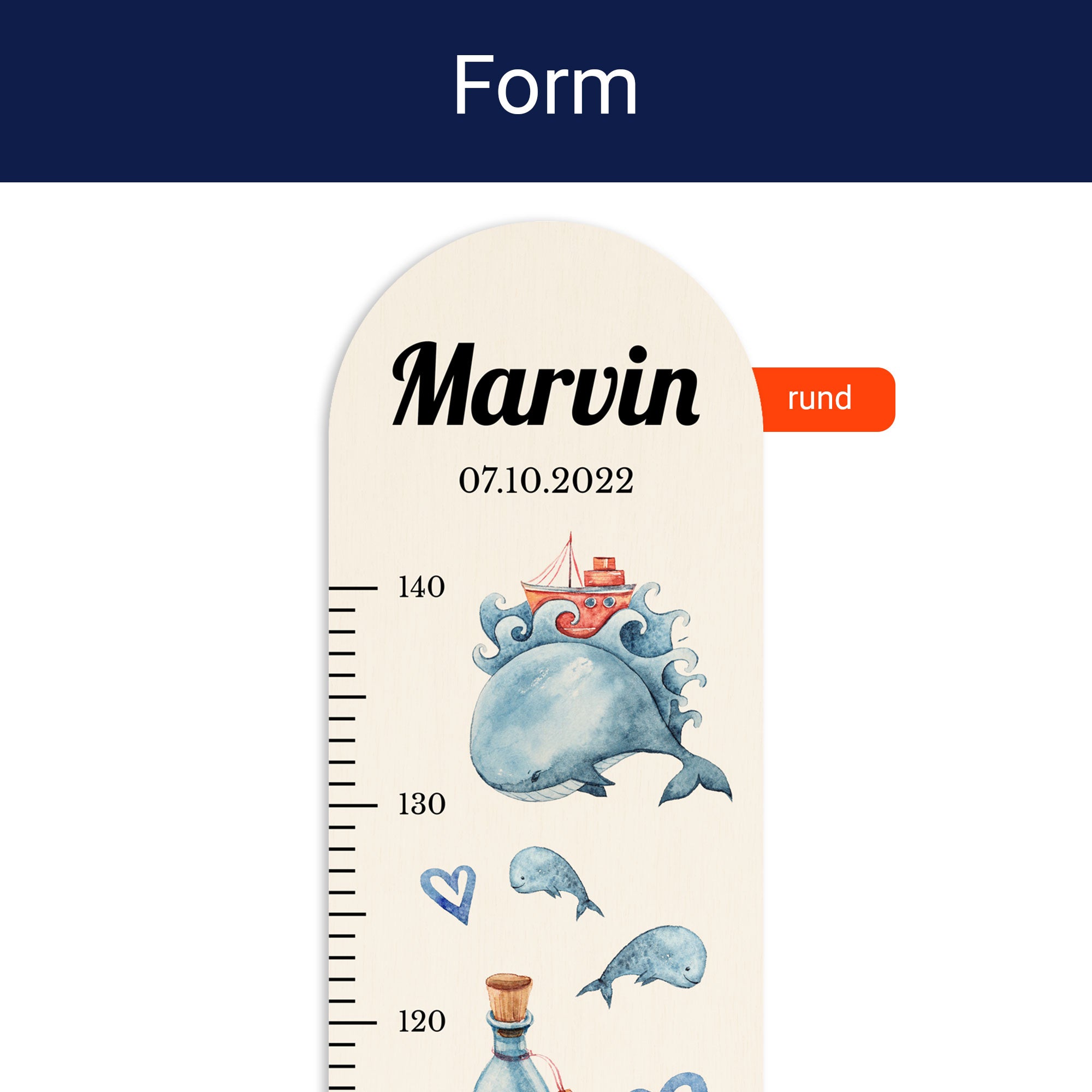 Detailansicht der oben runden Form der personalisierten Messlatte.