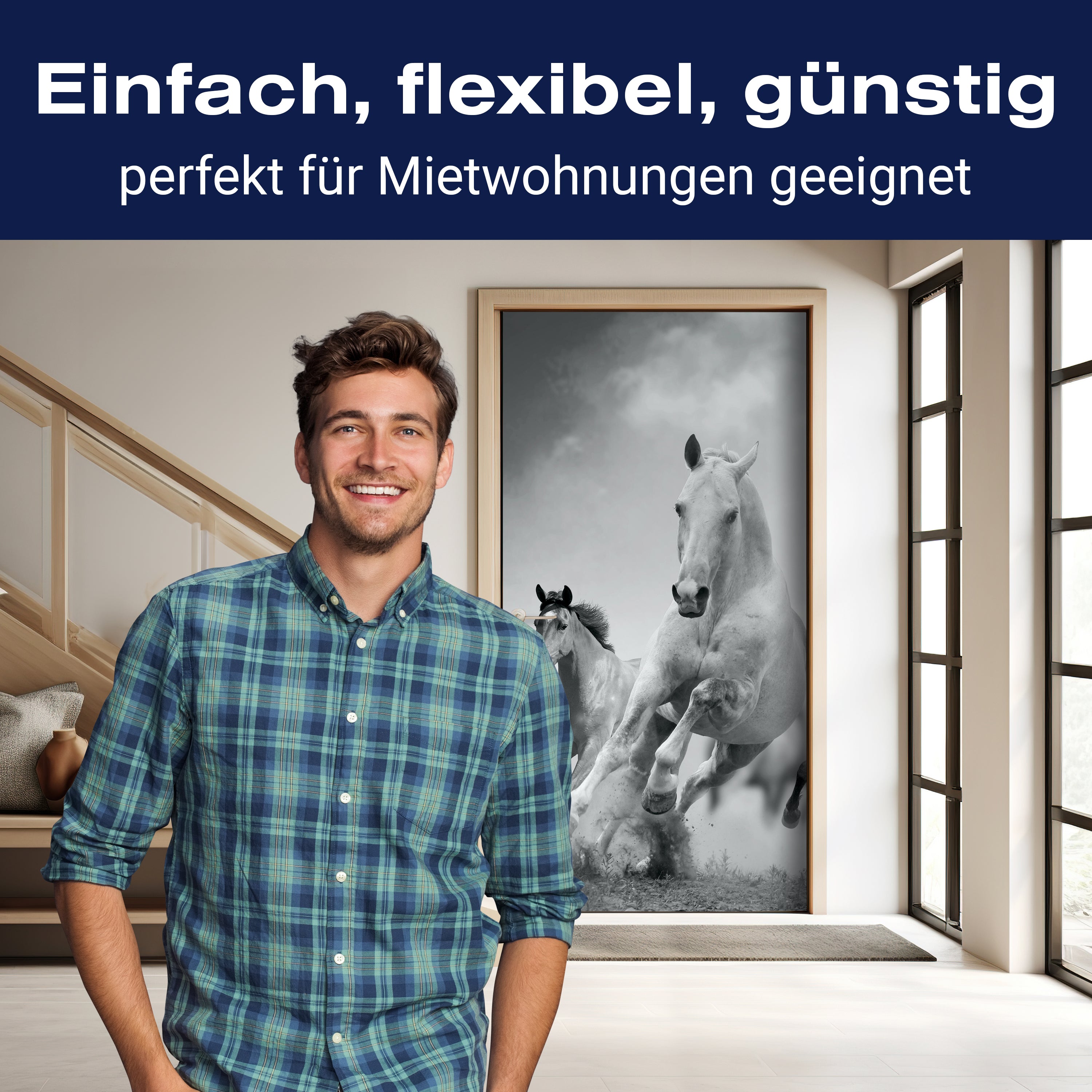 Türtapete Pferde laufen in Weiß und Schwarz M0945 - Bild 3