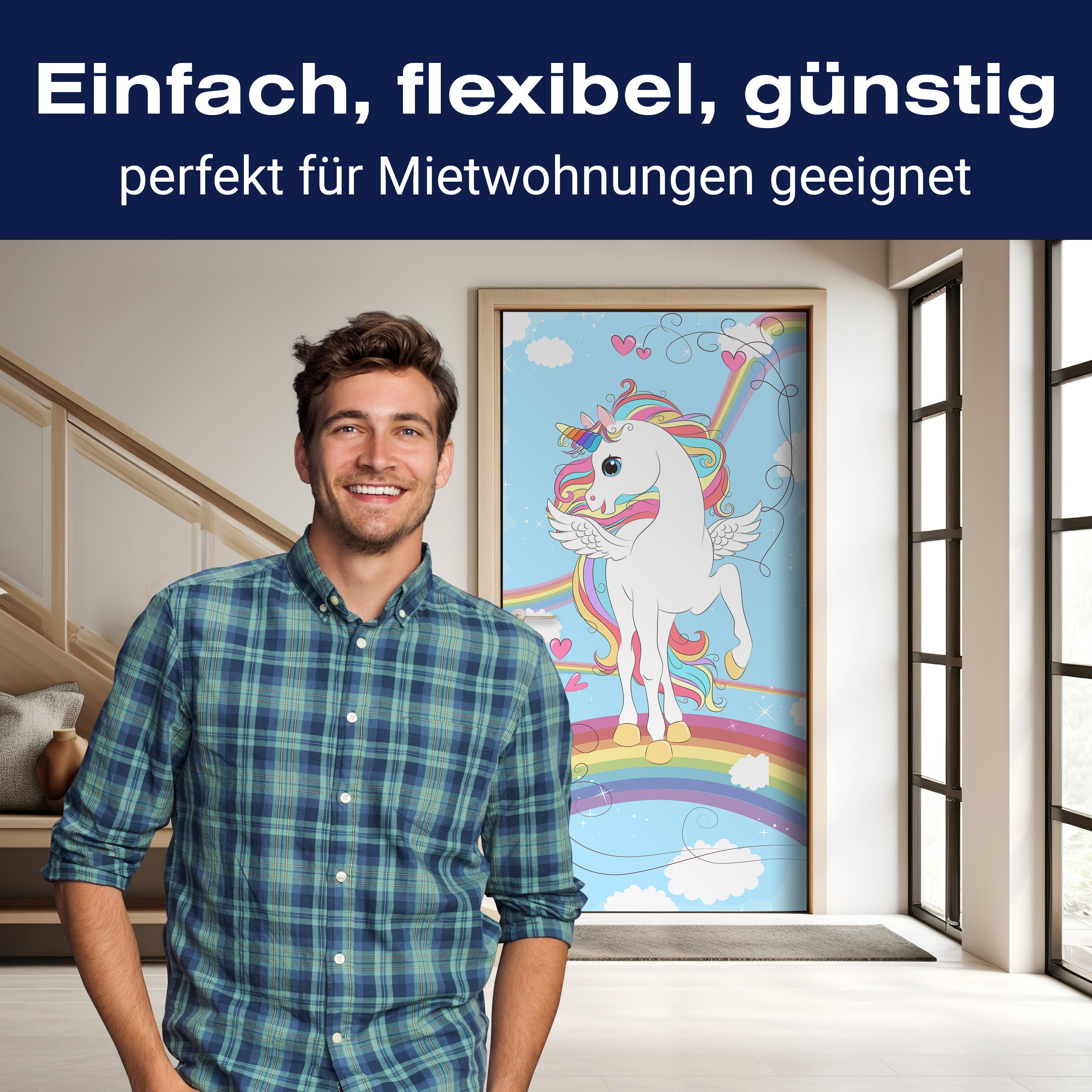 Türtapete Regenbogen Einhorn, bunt, Herzen M1189 - Bild 3