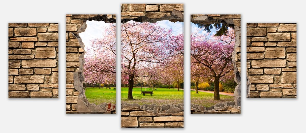 Leinwandbild Mehrteiler 3D Sakura Blumen blühen - Steinmauer M0667 entdecken - Bild 1