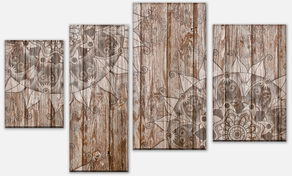 Leinwandbild Mehrteiler Holzwand mit Mandalas M0722
