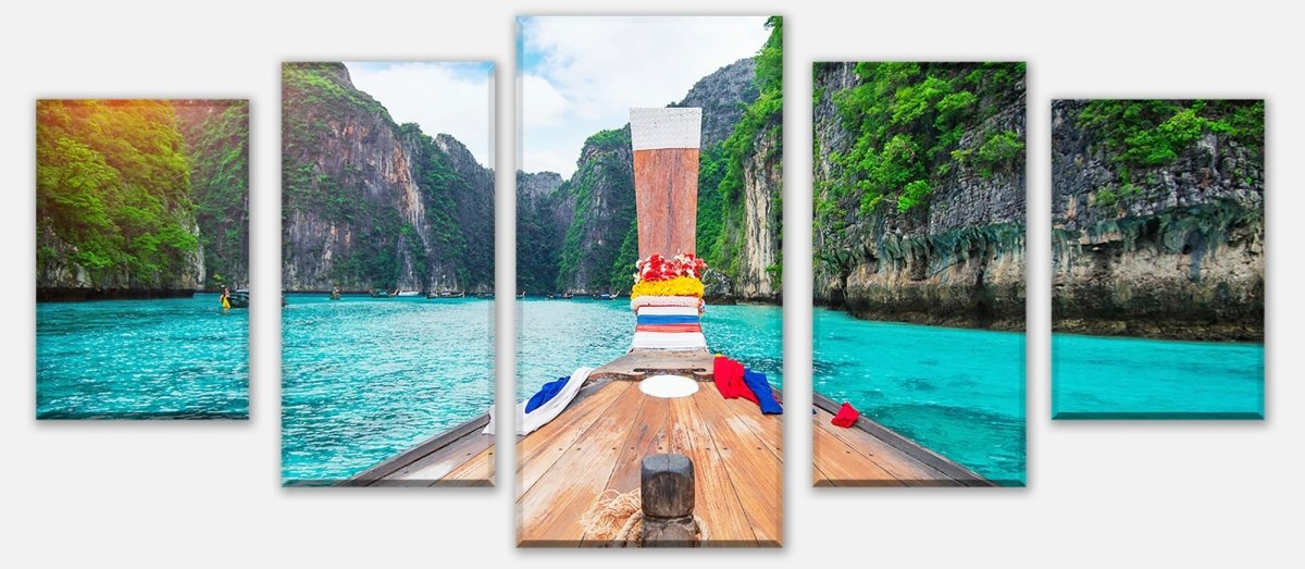 Leinwandbild Mehrteiler Langes Boot und blaues Wasser in der Bucht von Maya M0799 entdecken - Bild 1