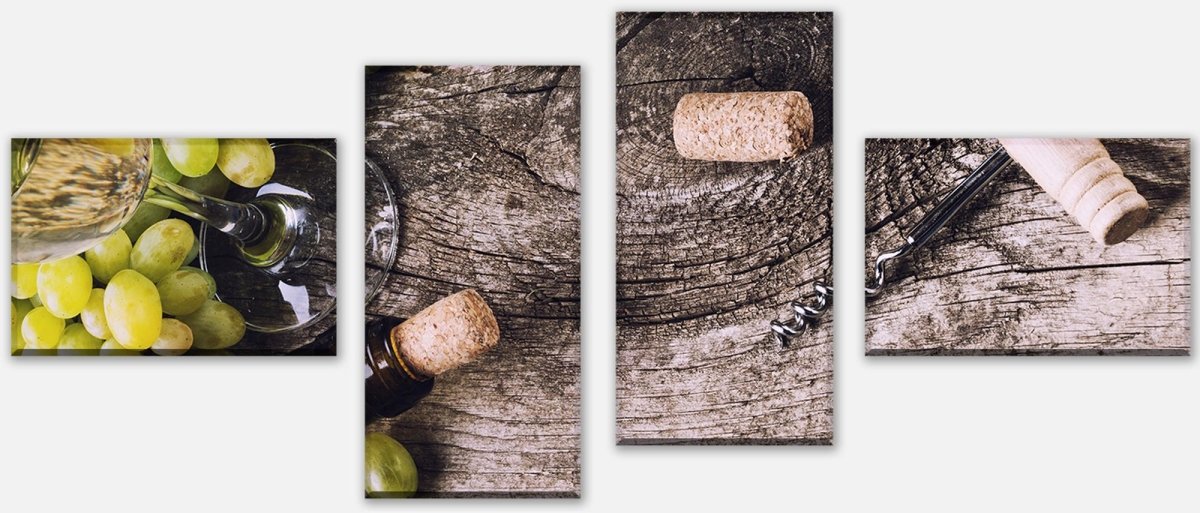 Leinwandbild Mehrteiler Flasche Weißwein und Trauben auf einem alten Tisch M0838